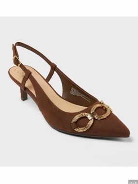 NEW Women's Tabitha Oversized Gold Chain Brown Slingback Heels